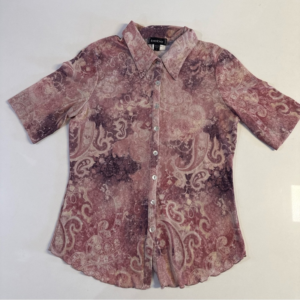 Vintage bebe button Down Shirt Short Sleeve Purple Size L Made in USA